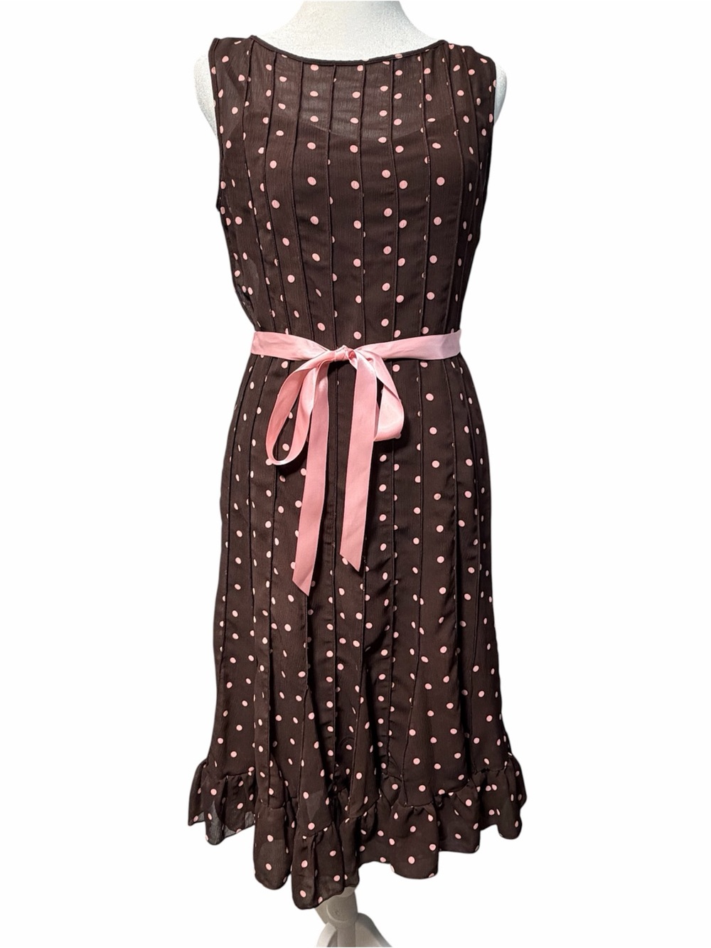 Sandra Darren Brown Pink Polka Dot Pintuck Midi Dress Satin Sash Pretty Woman 6